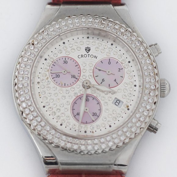 Croton CZ Encrusted Watch with Mother Of Pearl Subdials